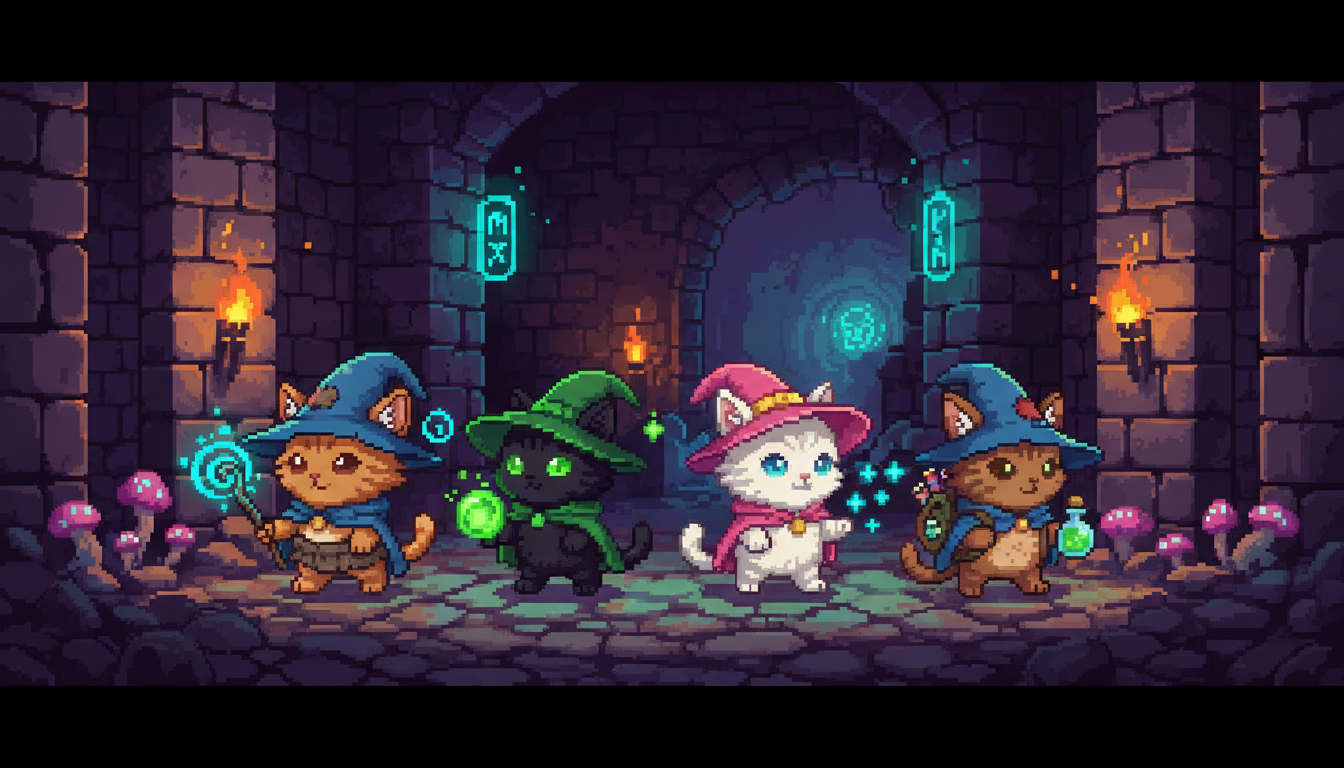 Wizard Kittenz — four wizard cats in a dungeon